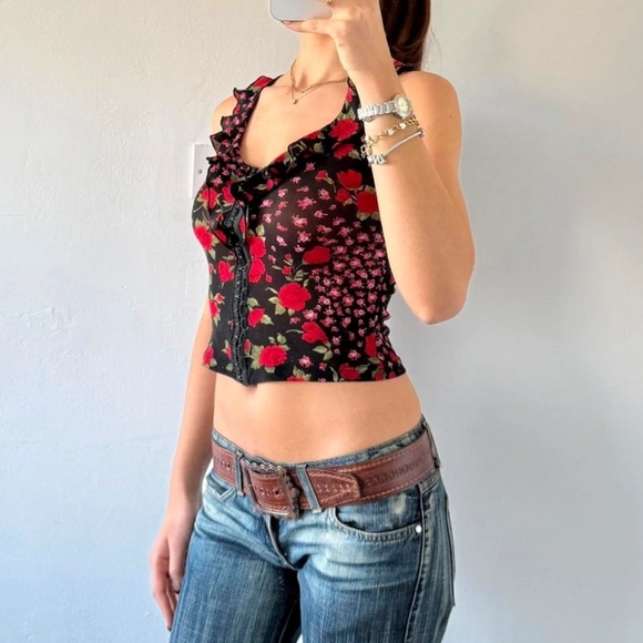 Floral Ruffle Black Top - Picture 4 of 4